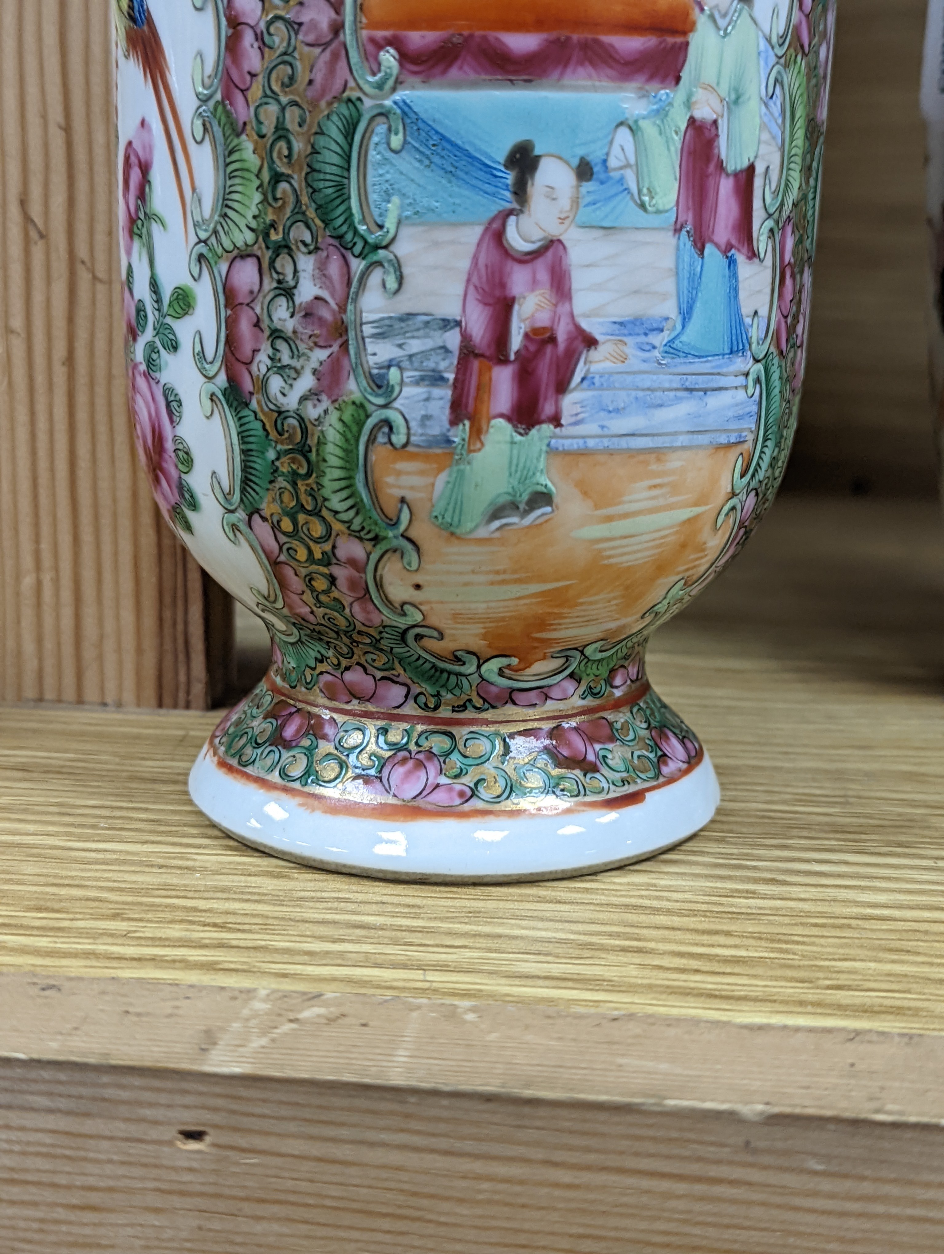 Two Chinese famille rose vases, late 19th century, tallest 26 cm, one wood stand, some restoration